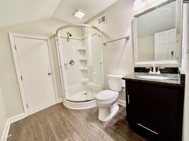 full bath featuring visible vents, wood finished floors, toilet, and a shower stall