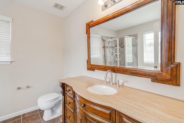 full bath with vanity, toilet, tile patterned floors, a shower stall, and visible vents
