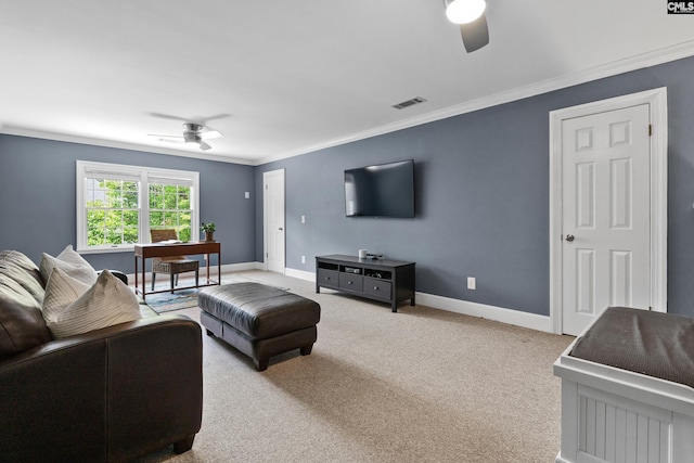 living area featuring baseboards, ornamental molding, a ceiling fan, and visible vents