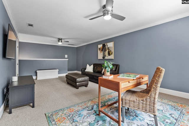 dining room featuring visible vents, carpet flooring, ceiling fan, and crown molding