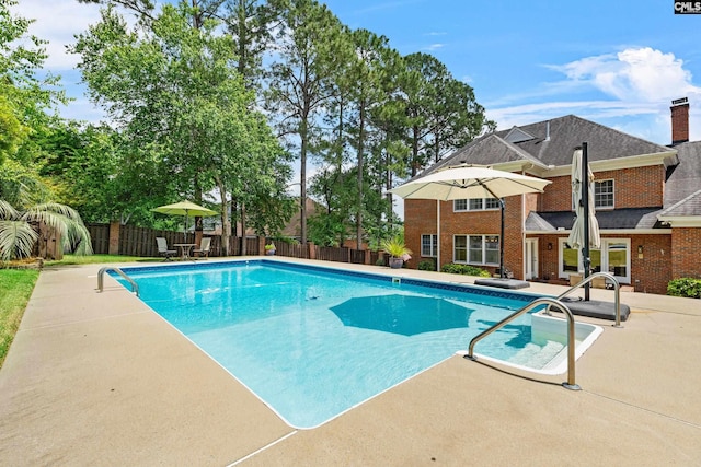 view of swimming pool with a patio, a fenced backyard, and a fenced in pool
