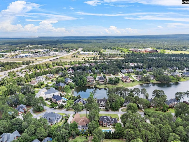 aerial view featuring a water view and a residential view