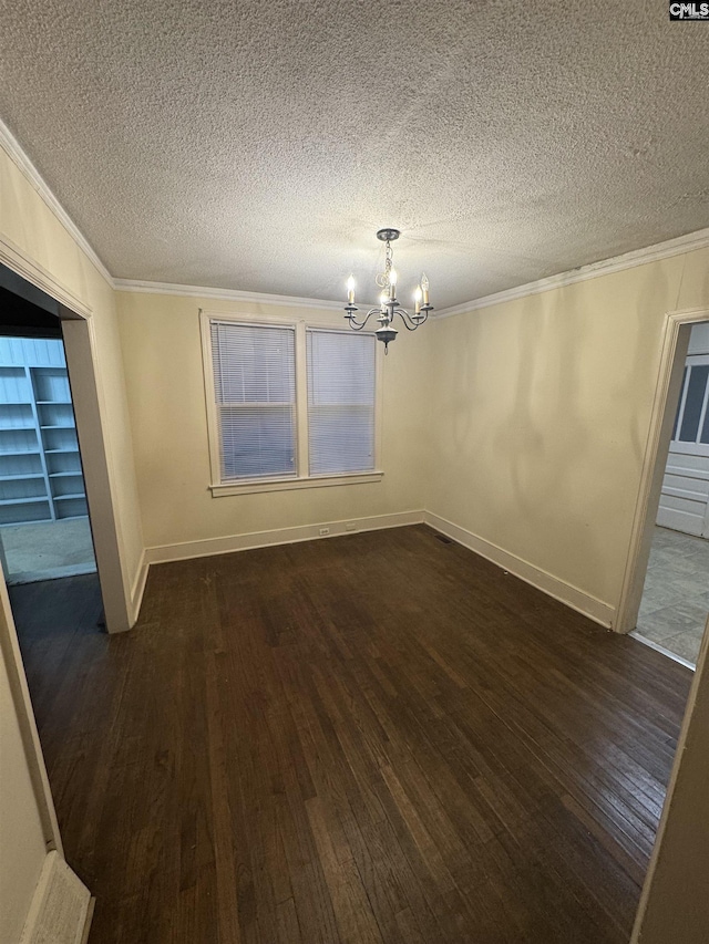 4906 Bethel Church Rd, Columbia, SC 29206 - unfurnished dining area with crown molding, a textured ceiling, a chandelier, and dark wood-style floors