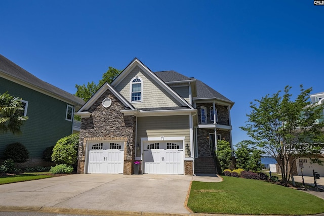 305 Marina Ct, Lexington, SC 29072 - craftsman-style home with stone siding, driveway, a front yard, and a garage