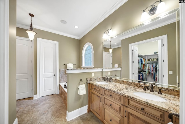 305 Marina Ct, Lexington, SC 29072 - full bathroom with double vanity, ornamental molding, a sink, and a bath