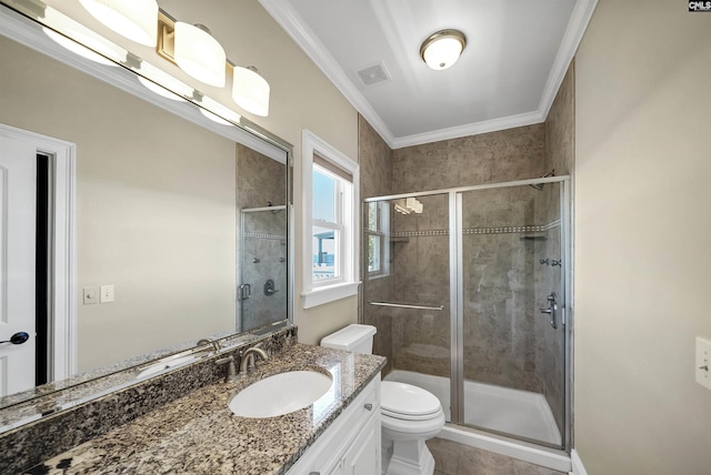 305 Marina Ct, Lexington, SC 29072 - bathroom featuring crown molding, a stall shower, toilet, and vanity