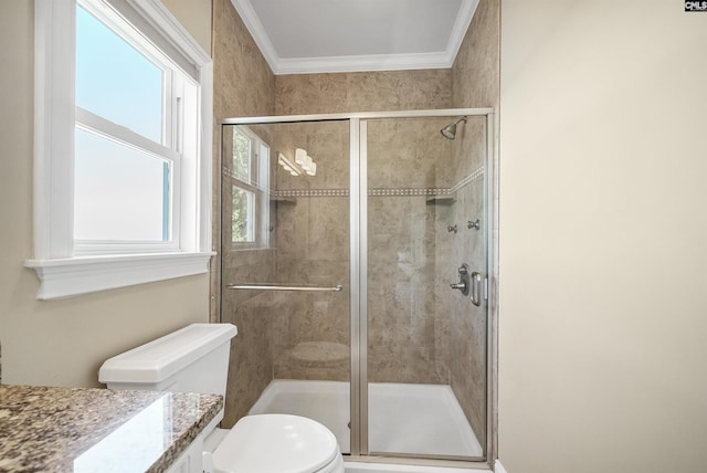 305 Marina Ct, Lexington, SC 29072 - full bathroom with toilet, ornamental molding, a shower stall, and vanity