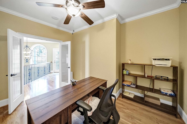 305 Marina Ct, Lexington, SC 29072 - office area with crown molding, baseboards, ceiling fan with notable chandelier, and light wood-style floors
