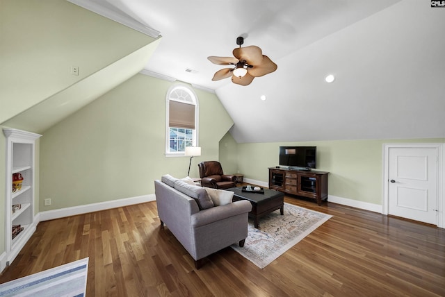 305 Marina Ct, Lexington, SC 29072 - living area with a ceiling fan, visible vents, vaulted ceiling, wood finished floors, and baseboards