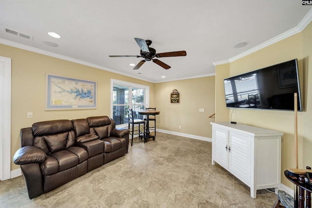 305 Marina Ct, Lexington, SC 29072 - living area with ceiling fan, visible vents, crown molding, baseboards, and recessed lighting