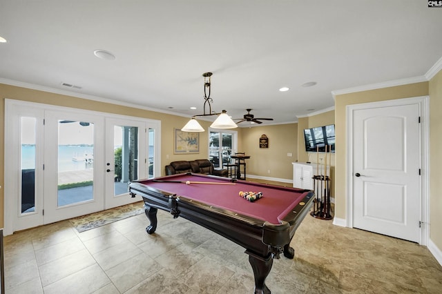 305 Marina Ct, Lexington, SC 29072 - recreation room featuring french doors, ornamental molding, pool table, and recessed lighting