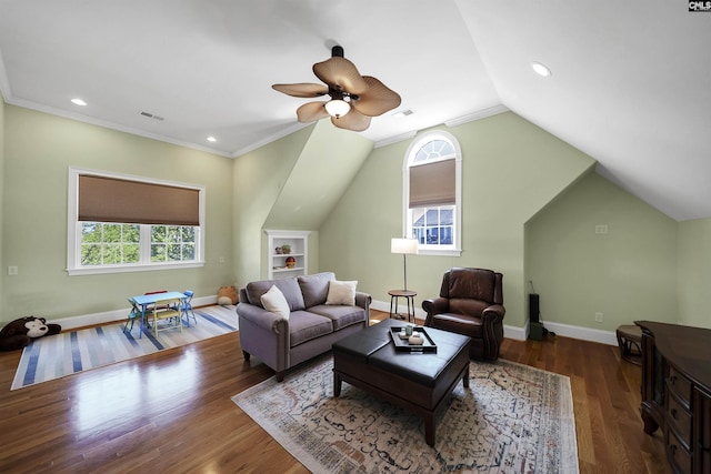 305 Marina Ct, Lexington, SC 29072 - living area featuring a ceiling fan, baseboards, wood finished floors, lofted ceiling, and visible vents