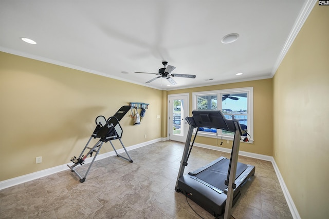 305 Marina Ct, Lexington, SC 29072 - workout area with crown molding, a ceiling fan, baseboards, and recessed lighting