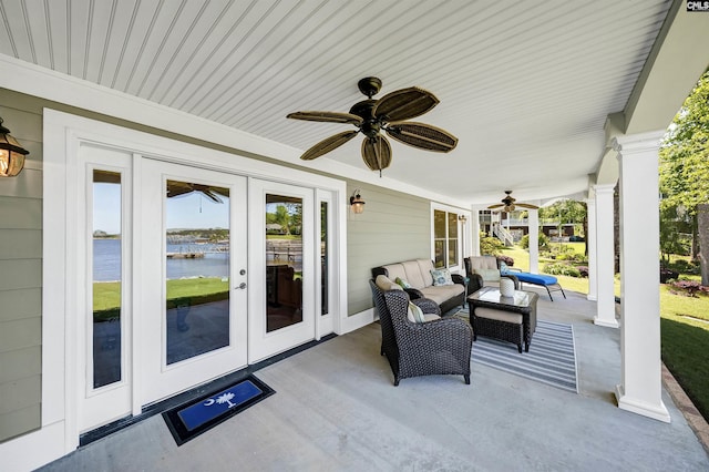 305 Marina Ct, Lexington, SC 29072 - view of patio with a water view, ceiling fan, an outdoor living space, and french doors