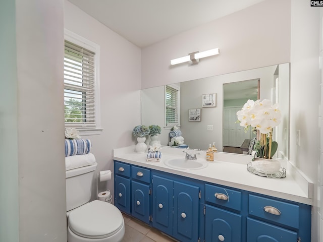 bathroom featuring vanity, tile patterned floors, and toilet