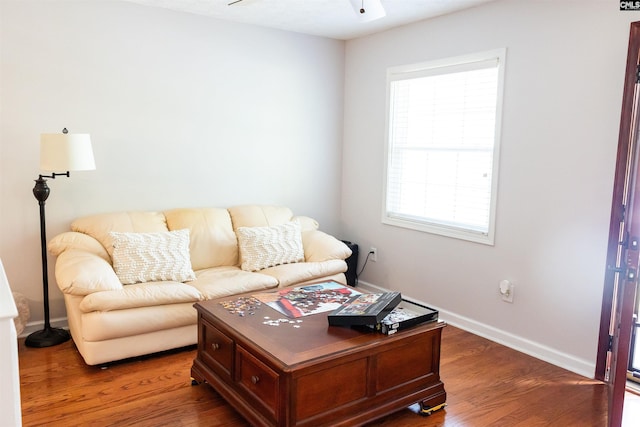 living area featuring ceiling fan, wood finished floors, and a wealth of natural light