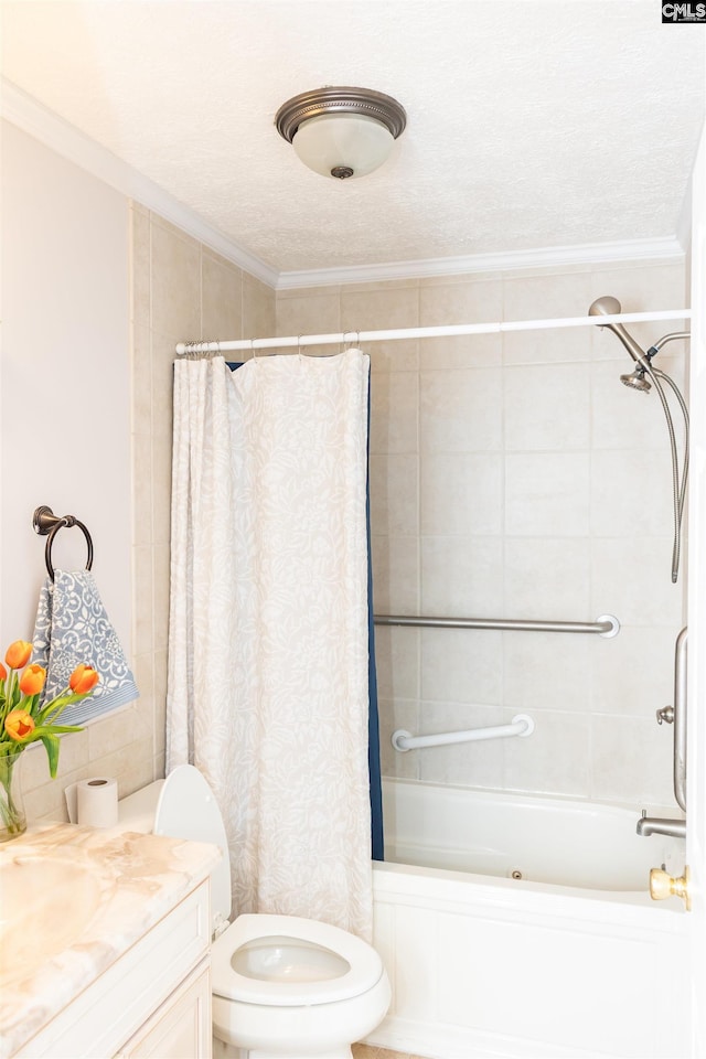 full bath featuring crown molding, vanity, toilet, and shower / tub combo