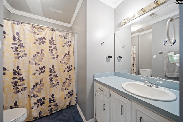 120 Coventry Lake Dr, Lexington, SC 29072 - bathroom featuring toilet, ornamental molding, vanity, a shower with curtain, and baseboards
