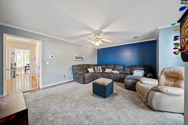 120 Coventry Lake Dr, Lexington, SC 29072 - living room with ornamental molding, ceiling fan, and baseboards