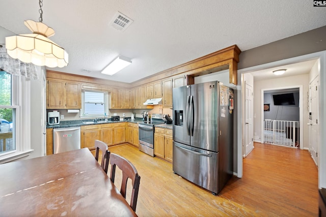 120 Coventry Lake Dr, Lexington, SC 29072 - kitchen featuring stainless steel appliances, under cabinet range hood, light wood-type flooring, a sink, and dark countertops