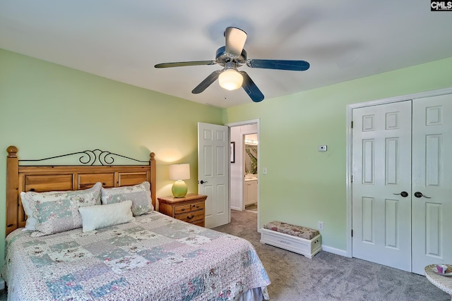 bedroom with a ceiling fan, baseboards, carpet, and a closet