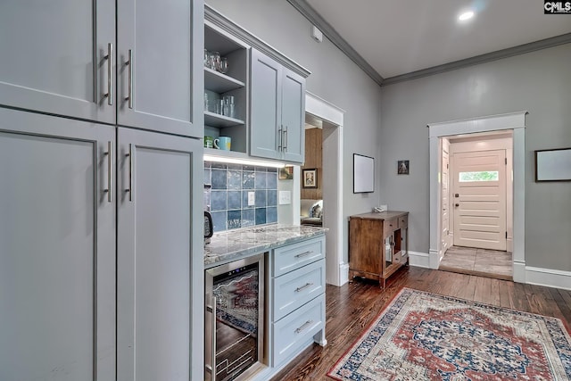 215 Greenbrier Mossydale Rd, Winnsboro, SC 29180 - kitchen with dark wood-type flooring, open shelves, wine cooler, and ornamental molding