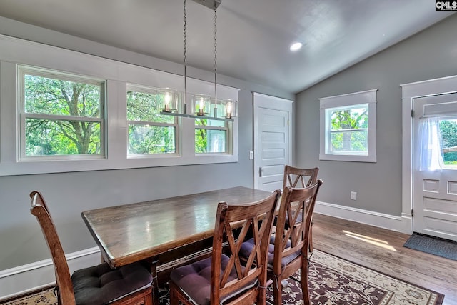 215 Greenbrier Mossydale Rd, Winnsboro, SC 29180 - dining room featuring baseboards, vaulted ceiling, recessed lighting, and wood finished floors