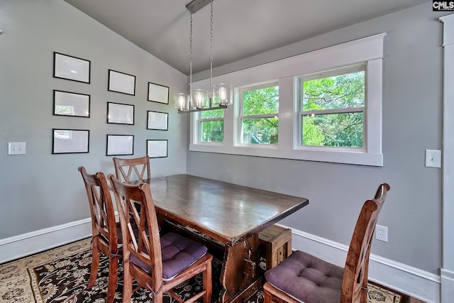 215 Greenbrier Mossydale Rd, Winnsboro, SC 29180 - dining space featuring baseboards and vaulted ceiling