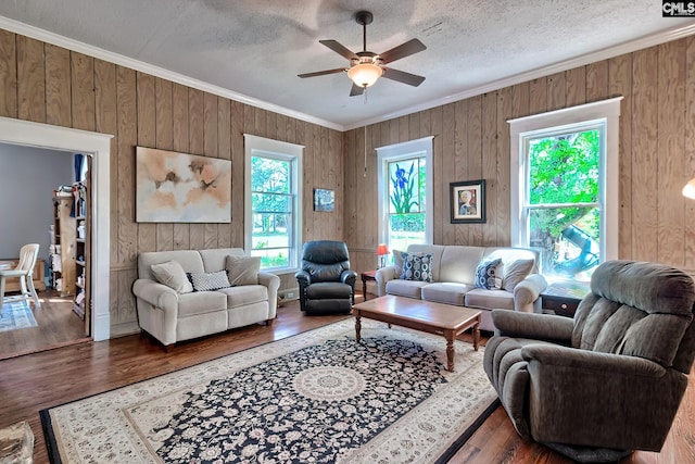 215 Greenbrier Mossydale Rd, Winnsboro, SC 29180 - living area with crown molding, a ceiling fan, wooden walls, and wood finished floors