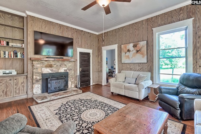 215 Greenbrier Mossydale Rd, Winnsboro, SC 29180 - living room with ornamental molding, ceiling fan, wood finished floors, and a fireplace