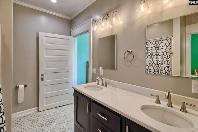 215 Greenbrier Mossydale Rd, Winnsboro, SC 29180 - full bathroom with double vanity, baseboards, ornamental molding, and a sink