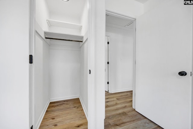 spacious closet with attic access and light wood-type flooring