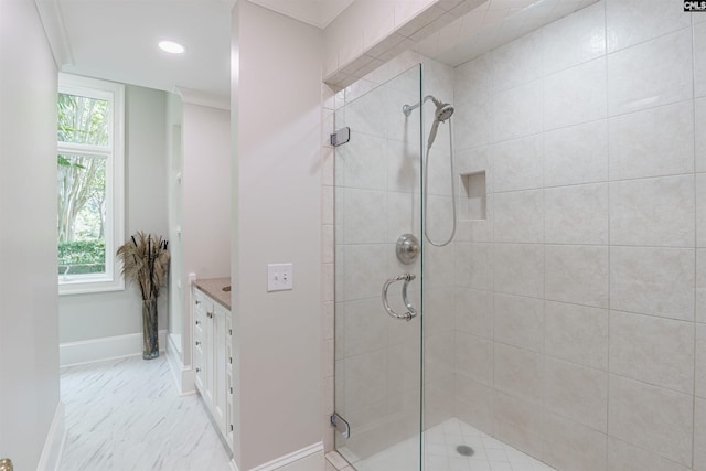 full bathroom with baseboards, recessed lighting, vanity, and a shower stall