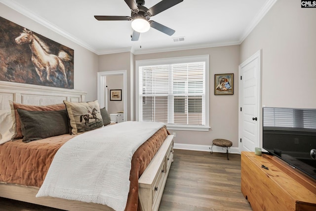 2358 High Bluff Loop, Lexington, SC 29072 - bedroom with ceiling fan, dark wood-style flooring, visible vents, baseboards, and ornamental molding