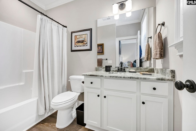 2358 High Bluff Loop, Lexington, SC 29072 - bathroom with visible vents, ornamental molding, vanity, wood finished floors, and toilet