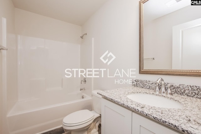 bathroom with vanity, toilet, bathtub / shower combination, and visible vents
