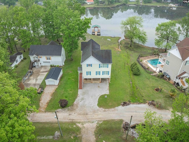 bird's eye view with a water view