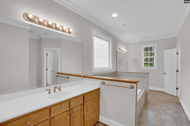 full bath with a bath, vanity, baseboards, ornamental molding, and recessed lighting