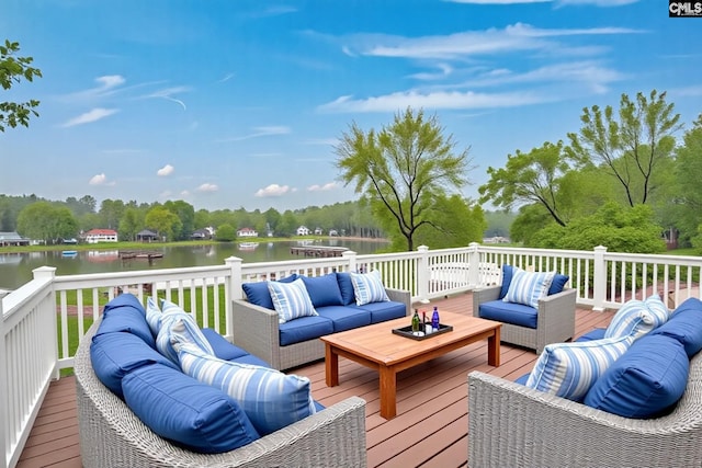 wooden deck featuring an outdoor hangout area and a water view