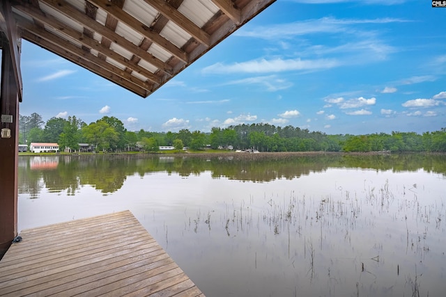 dock area featuring a water view and a forest view