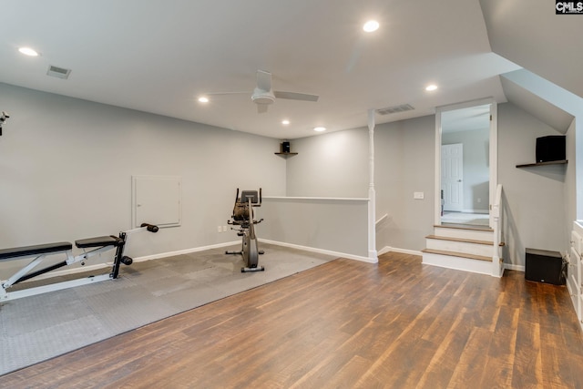 workout area with ceiling fan, visible vents, wood finished floors, baseboards, and recessed lighting