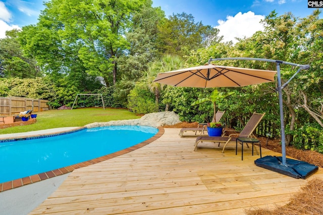 view of swimming pool featuring a fenced in pool, a yard, a fenced backyard, and a deck