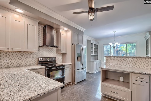 kitchen featuring wall chimney range hood, open shelves, stainless steel fridge with ice dispenser, black range with electric cooktop, and backsplash