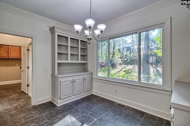 unfurnished dining area featuring visible vents, ornamental molding, baseboards, and a chandelier