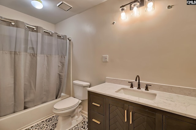 bathroom with vanity, tile patterned flooring, toilet, and shower / bath combination with curtain