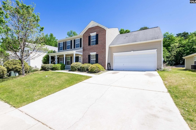236 Crimson Oak Dr, Lexington, SC 29072 - colonial-style house featuring an attached garage, cooling unit, a front lawn, and concrete driveway