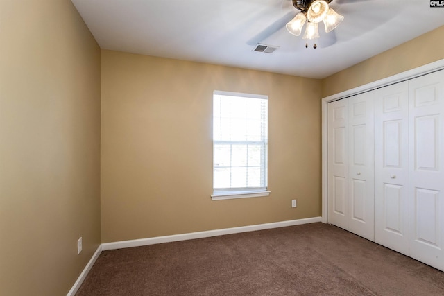 236 Crimson Oak Dr, Lexington, SC 29072 - unfurnished bedroom with ceiling fan, visible vents, carpet floors, baseboards, and a closet