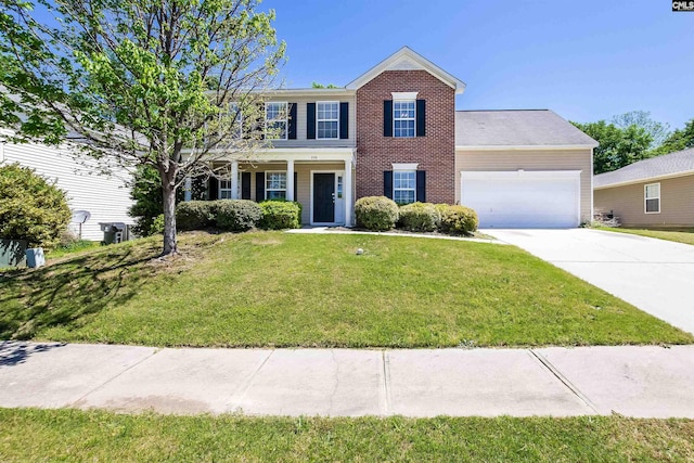 236 Crimson Oak Dr, Lexington, SC 29072 - traditional home with brick siding, a garage, a front lawn, and driveway