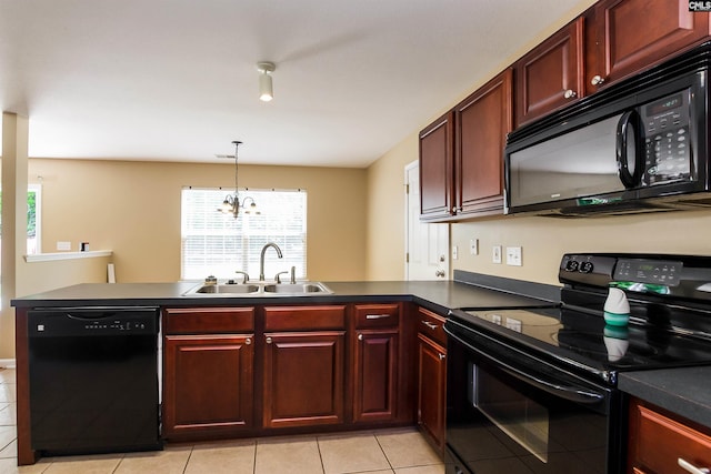 236 Crimson Oak Dr, Lexington, SC 29072 - kitchen with a sink, light tile patterned floors, black appliances, a peninsula, and reddish brown cabinets