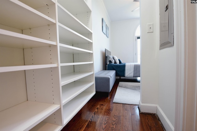 interior space with electric panel and wood finished floors